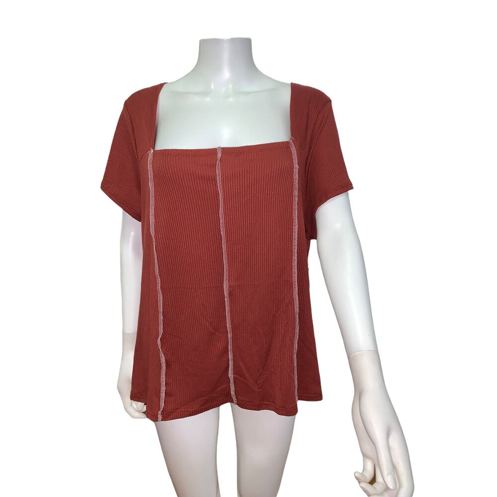 Vibe Sportswear Red Rust Ribbed Striped Square Neck Short Sleeve Top 3X NWT